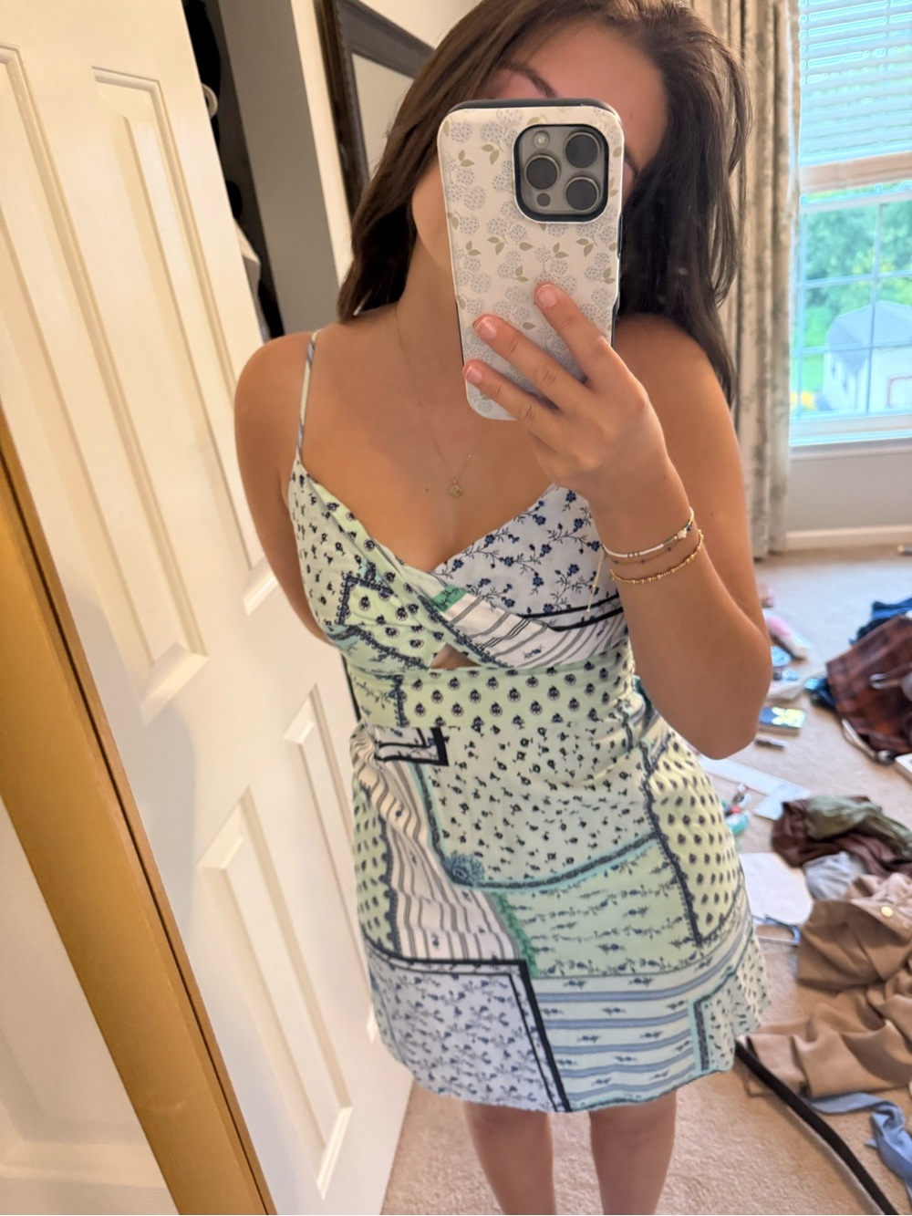 Spaghetti Strap Patchwork Mini Dress in Light Green